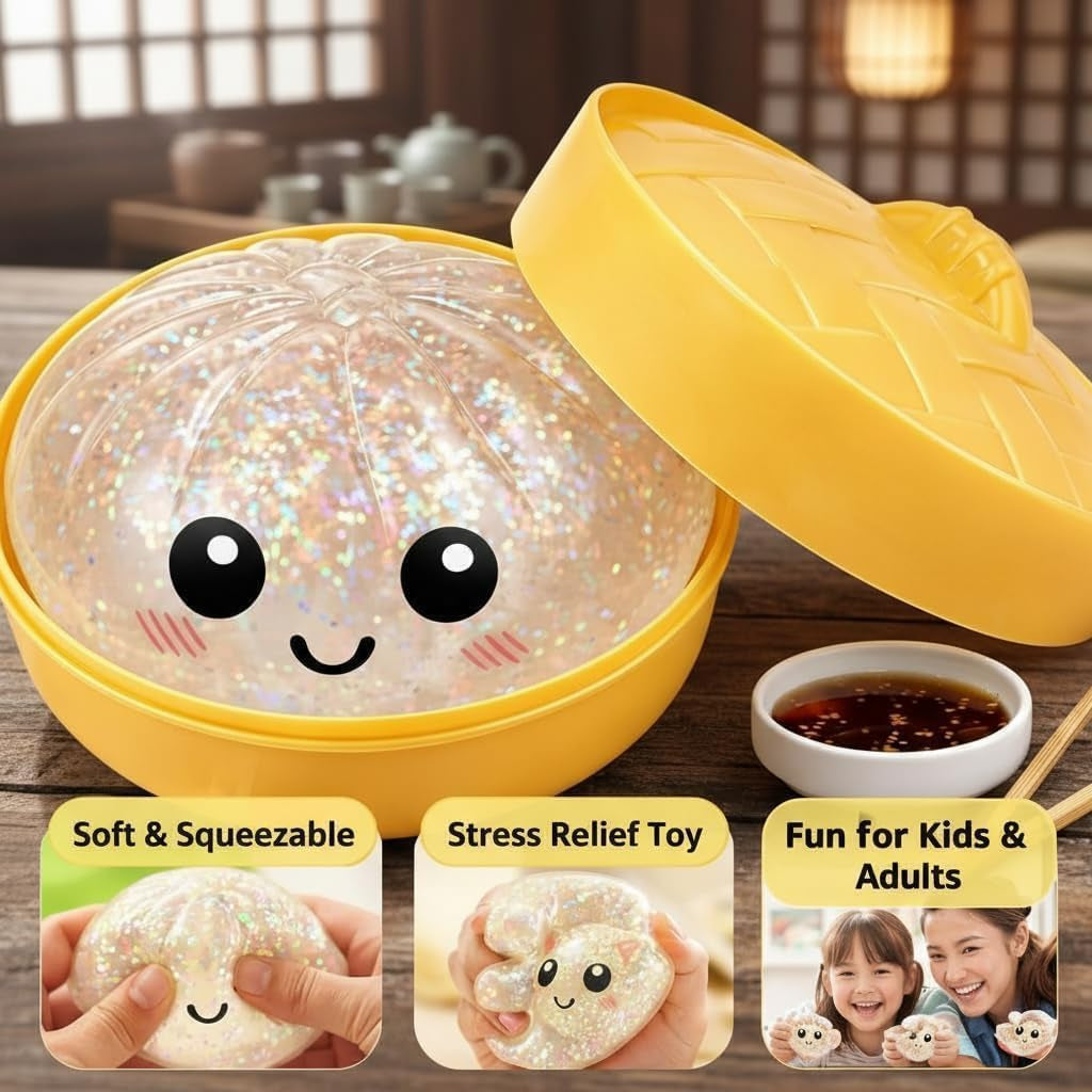 Glitter Dumpling Squishy, 2026 Upgrade Dumpling Squishy Mystery Box, Colorful Dumplings Stress Balls Fidget Sensory Toy, Stocking Stuffers with Food Steamer Stretchy Desk Toys