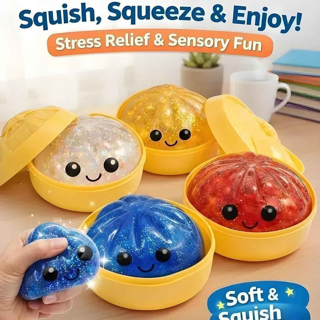Glitter Dumpling Squishy, 2026 Upgrade Dumpling Squishy Mystery Box, Colorful Dumplings Stress Balls Fidget Sensory Toy, Stocking Stuffers with Food Steamer Stretchy Desk Toys