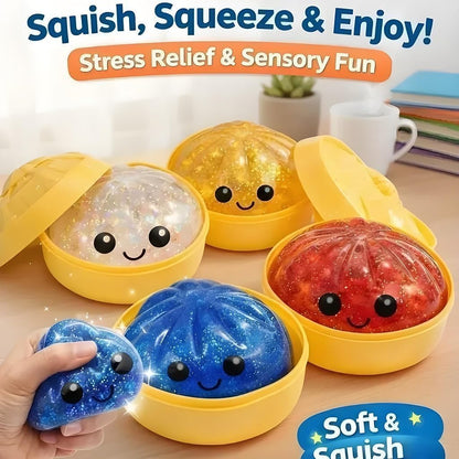 Glitter Dumpling Squishy, 2026 Upgrade Dumpling Squishy Mystery Box, Colorful Dumplings Stress Balls Fidget Sensory Toy, Stocking Stuffers with Food Steamer Stretchy Desk Toys